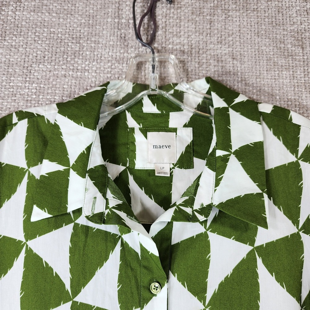 Anthropologie Maeve Bettina Shirt Dress Womens LP Petite Green White Triangles - Picture 3 of 13